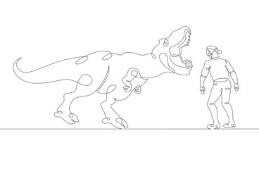 One continuous single drawn line art doodle a man in a virtual reality helmet looks at a tyrannosaurus dinosaur,vr technology . Isolated image  hand drawn