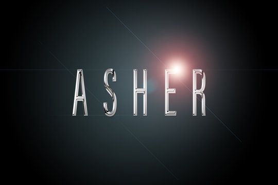 first name Asher in chrome on dark background with flashes
