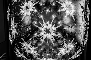 Lighting black and white chandelier decor bulbs hanging of the ceiling.