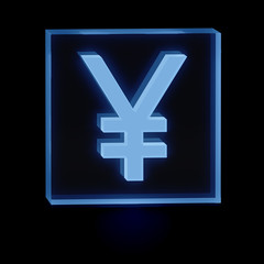 Clear transparent glass or plexiglass display with luminous money yuan or yen shape inside on dark background, 3D rendered image
