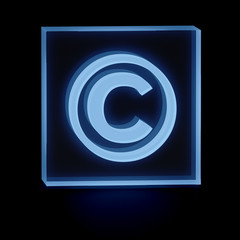 Clear transparent glass or plexiglass display with luminous copyright or C symbol inside on dark background for interior decoration, 3D rendered image