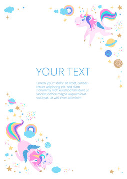 Template for announcement, letter, congratulation, invitation, notice or page, vector Magical Unicorns as a cartoon characters with symbols and objects. Cute picture for decorative corners