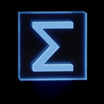 Clear transparent glass or plexiglass display with luminous Greek alphabet letter Sigma as symbol used in sciences inside on dark background for interior decoration, 3D rendered image