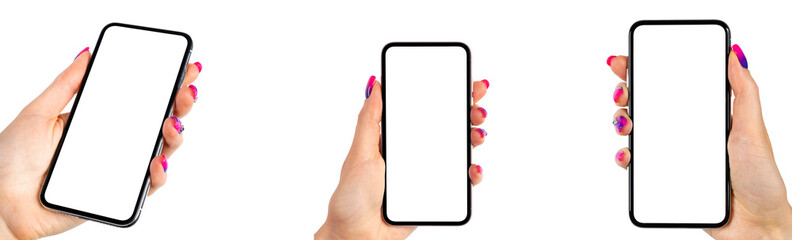 Smartphone mockup in woman hand. New modern black frameless smartphone mockup with blank white...