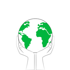 earth in human hands isolated on a white background, outline style square vector illustration