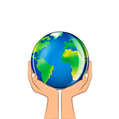 delicate glass planet in human hands isolated on a white background square vector illustration