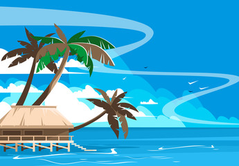Vector illustration of a landscape of a wooden house standing on the water, landscape of palm trees and sea with clouds