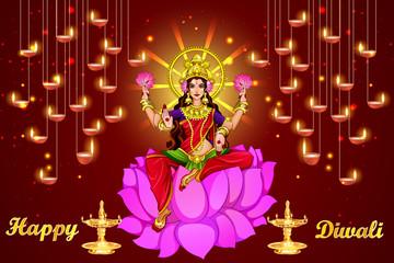Illustration,Poster Or Banner Design For Indian Festival Of Dhanteras With Beautiful Goddess Maa Laxmi Take Shiny Golden Coin Pot On Decorated Background.Happy Diwali Holliday Of India