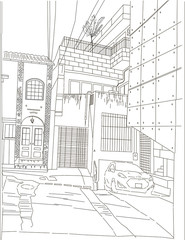 Tokyo courtyard, color vector illustration, car in old yard japan manga style background line drawing