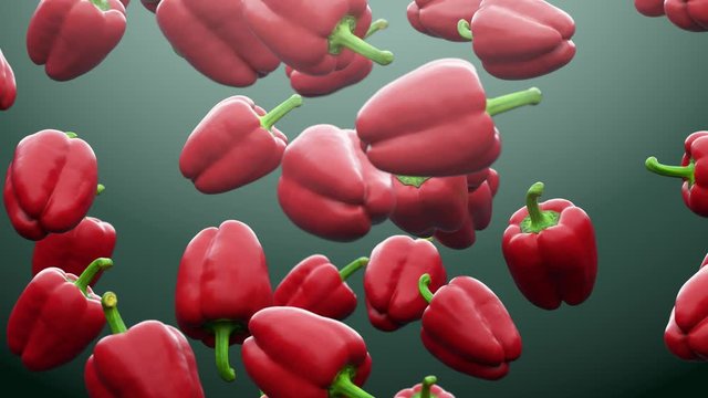 Super slow motion: falling red pepper against black background. High quality 4K seamless loopable CG animation. 3D