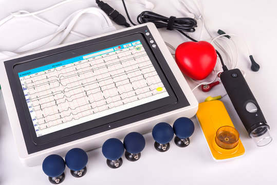 ECG monitoring, monitoring with a spirometer and a dermatoscope, telemedicine concept