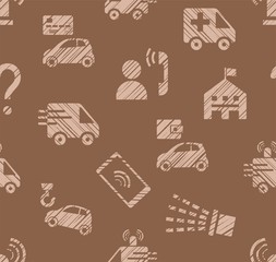 Emergency service, seamless pattern, color, hatching, brown, vector. Emergency medical and fire assistance, reference services. Imitation of pencil hatching.   