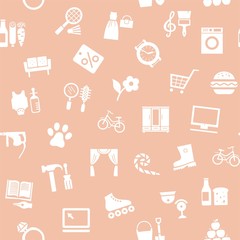 Shops, seamless pattern, monochrome, pink, vector. Different categories of goods. White icons on a pink field.  