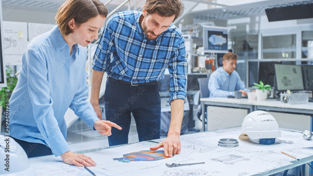 Poster in the busy engineering agency: diverse group of engineers, technicians, specialists working on desi