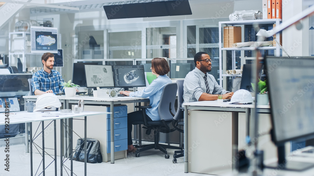 Poster in the busy engineering facility: diverse group of engineers, technicians, specialists working on de