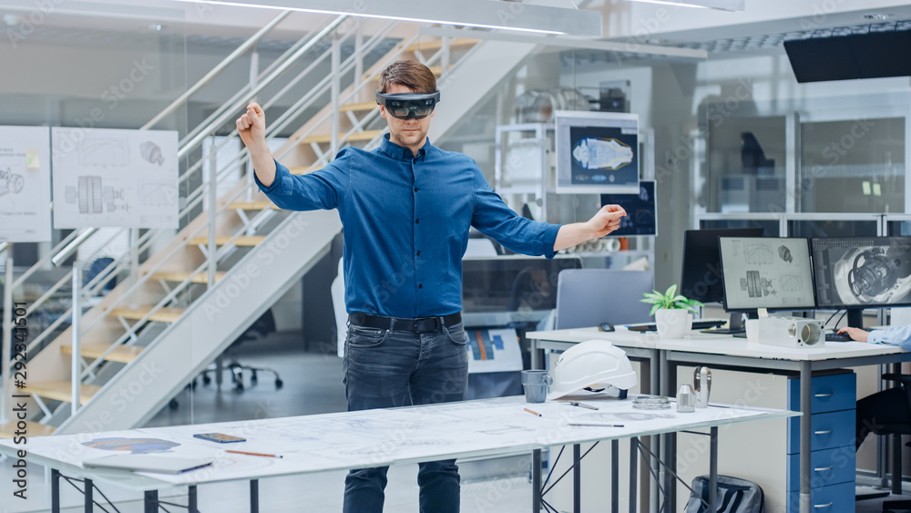 Poster Engineering Software Developer Wearing Virtual Reality Headset Uses Gestures to Interact with Augmented Reality while Designing Industrial Engine Model in Modern Facility. AR Mock-up Concept