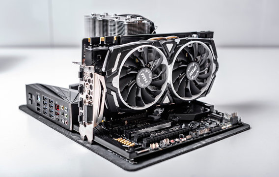 UZHGOROD, UKRAINE - October 25, 2018: Computer installation. New processor Ryzen 7 2700X and computer motherboard Asus rog crosshair vii hero, dd4 and Nvidia GTX1080.