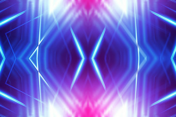 Fototapeta na wymiar Dark abstract futuristic background. Neon lines glow. Neon lines, shapes. Pink-blue glow. Empty Stage Background