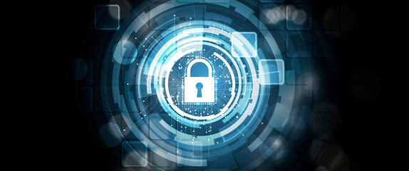 internet digital security technology concept for business background. Lock on circuit board