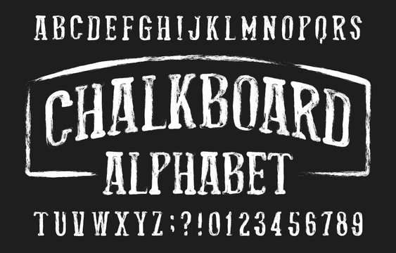 Chalkboard alphabet font. Hand drawn condensed messy letters and numbers. Stock vector typeface.