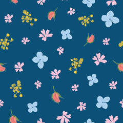Cute Seamless pattern with colorful flowers on a blue background