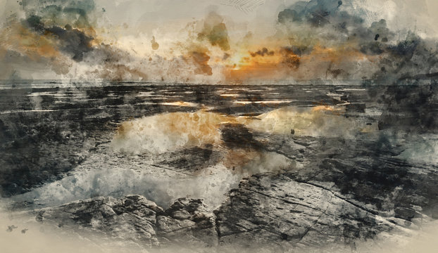 Digital watercolor painting of Beautiful seascape at sunset with dramatic clouds landscape image