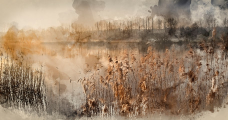 Digitale Aquarellmalerei der Landschaft des Sees im Nebel mit Sonnenglut bei Sonnenaufgang