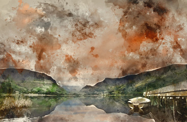 Digital watercolor painting of Llyn Nantlle at sunrise looking towards mist shrouded Mount Snowdon