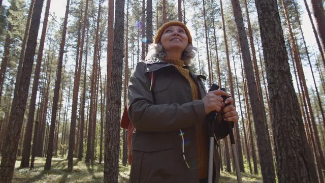 Low angle view of senior active woman wearing warm clothes standing with ski poles in countryside and looking around