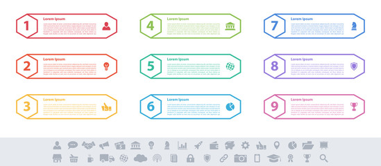 Infographic design business concept vector illustration with 9 steps or options or processes represent work flow or diagram or web button banner