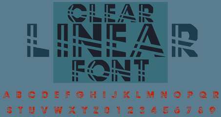 Very interesting font, simple shapes, letters ripped lines into several parts.