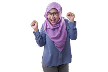 Naklejka premium Happy Funny Asian Muslim Woman Dancing Full of Joy