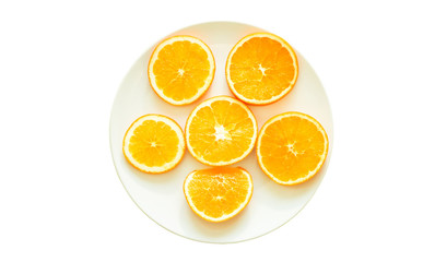 Fresh oranges cut in slice isolated on white background. Healthy food. Fresh vitamins. Vegetarian.