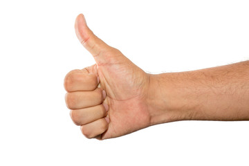 Hand of a men making a thumbs up gesture isolated on white background.