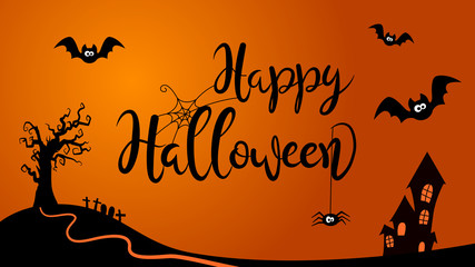 Happy Halloween creative lettering scene with cartoon style background.