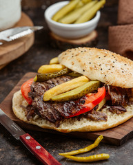 Steak doner kebab with fries, tomato, cucumber prinkles in pita bread