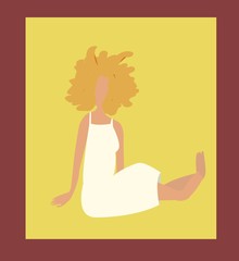 blonde woman red yellow hair white dress