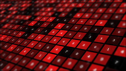 Red binary screen with grid of numbers.