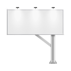 Obraz premium Blank whiteboard with empty copy space, stand on one bar support. White billboard without frame for commercial or presentation, rectangle and horizontal. Mockup board with single stand, in vector.