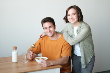 couple having breakfast in the morning at home