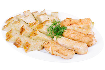 Sliced casserole with pasta with meat in a plate isolated