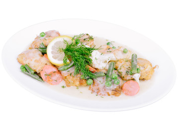 Grilled fish fillet in sauce with asparagus isolated on a white background
