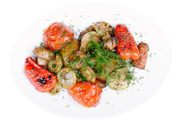 Grilled vegetables with mushrooms isolated on a white background