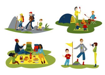 Cartoon family hiking set - parents and children traveling together