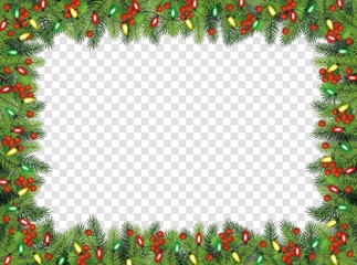 Christmas fir-tree with holly berries frame, vector illustration isolated.