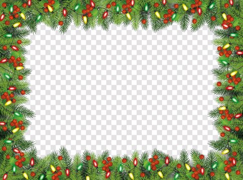 Christmas fir-tree with holly berries frame, vector illustration isolated.