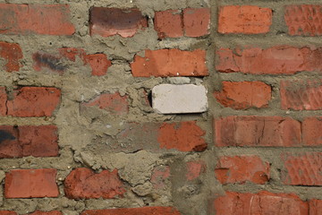 Background of old vintage dirty brick wall with peeling plaster, texture