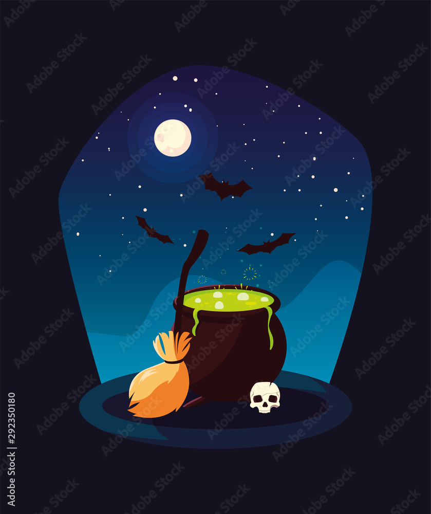 Wall mural cauldron bubbly of witch in scene of halloween