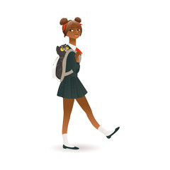 African american, black skinned schoolgirl flat vector illustration isolated.
