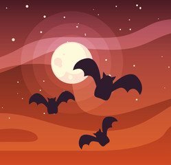 bats flying with moon in scene of halloween